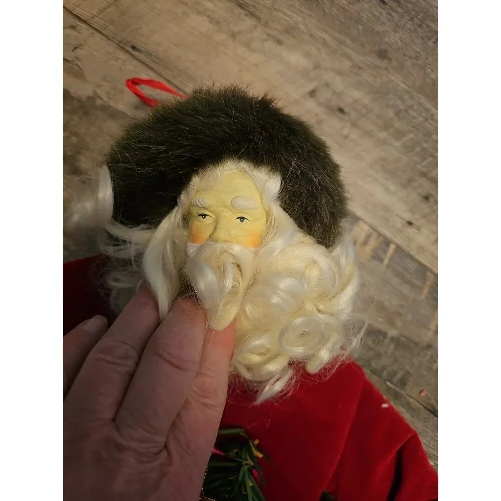 3D Santa Crazy Quilted Embroidered Patchwork Stocking Vintage Plastic Hands Face